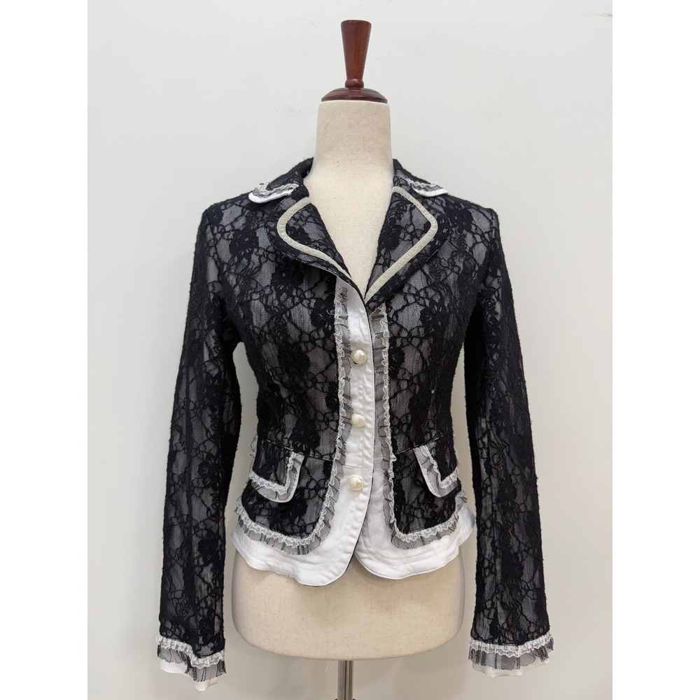 Cache Y2K Lace Blazer XS Black White Sheer Floral Pearl Button Trim Jacket